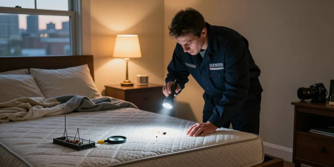 Bed bug exterminator inspecting a mattress for pests in a cozy Milwaukee bedroom.
