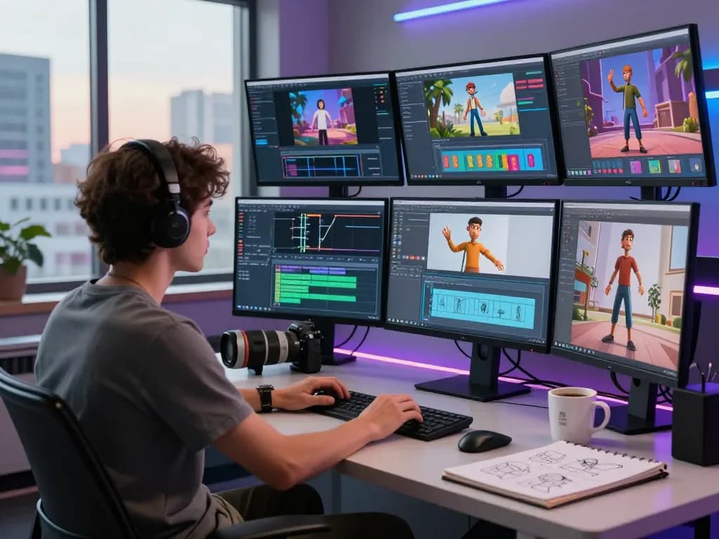 Artist utilizing motion control AI technology to create stunning video animations, showcasing advanced mind control techniques in a high-tech studio.