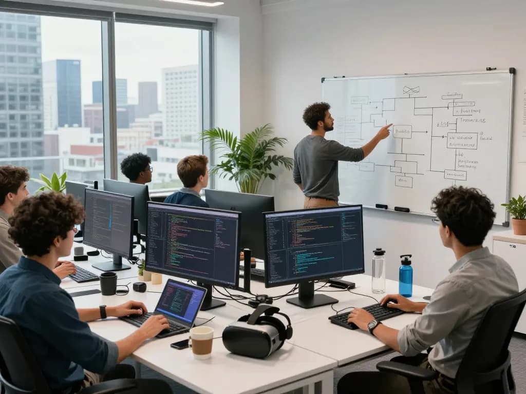 Techsslaash com workspace with developers coding collaboratively on multiple screens.
