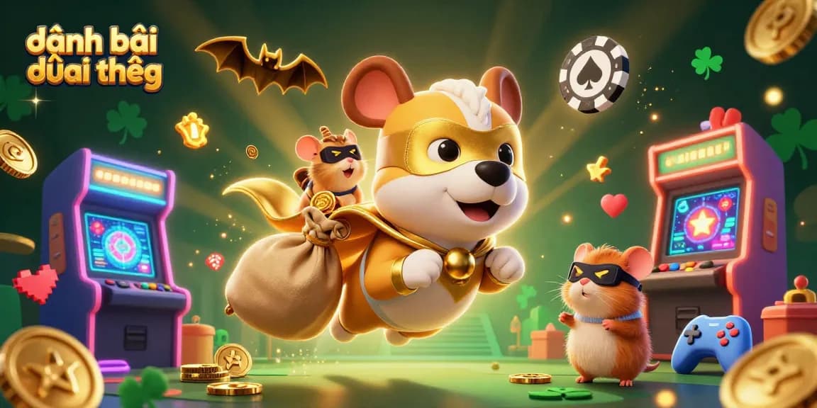 Experience the excitement of đánh bài đổi thưởng with a dynamic illustration featuring a superhero dog and gaming elements.