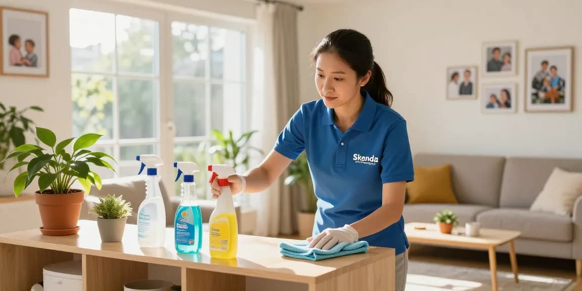 Professional cleaner from reinigungsfirma schweiz dusting a living room during home service.