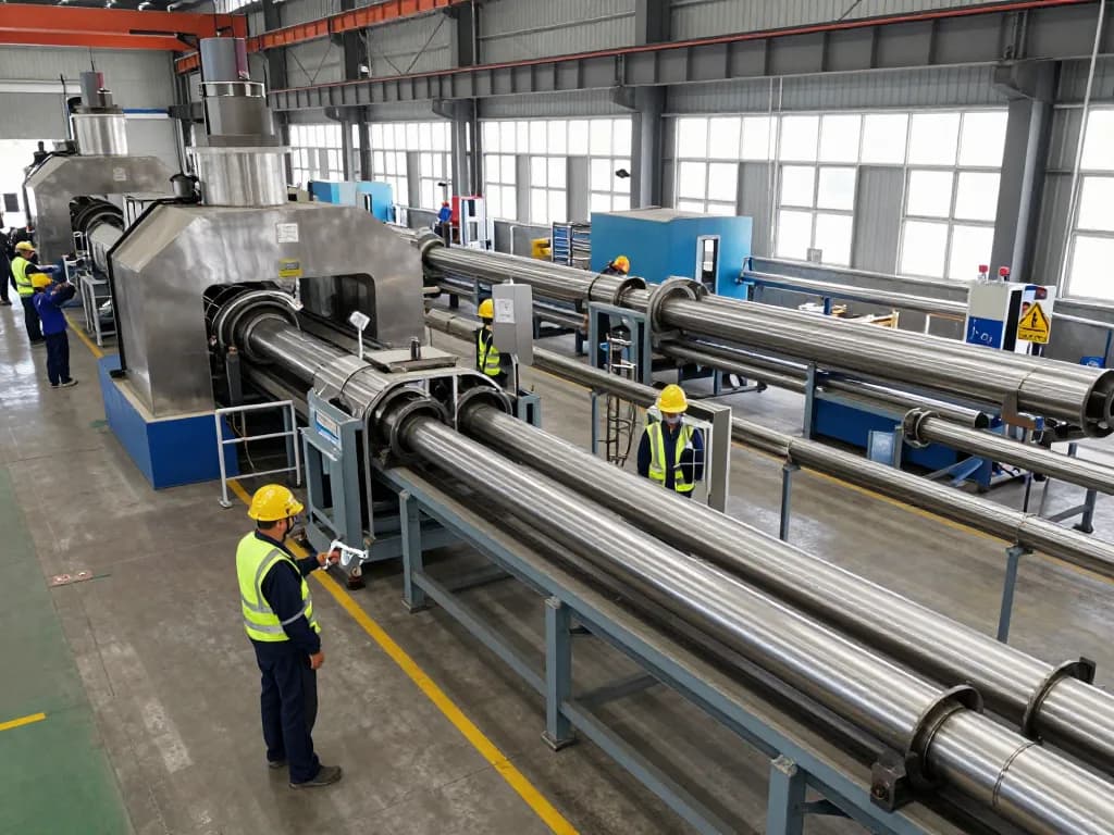 Sumwin manufacturing facility showcasing stainless steel pipes production with workers in action.