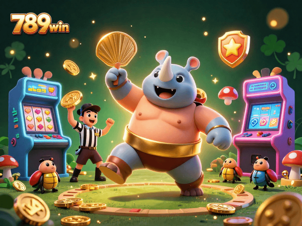 Engage with the thrilling world of 789win as a powerful rhinoceros beetle sumo champion sends coins flying at a vibrant gaming scene.