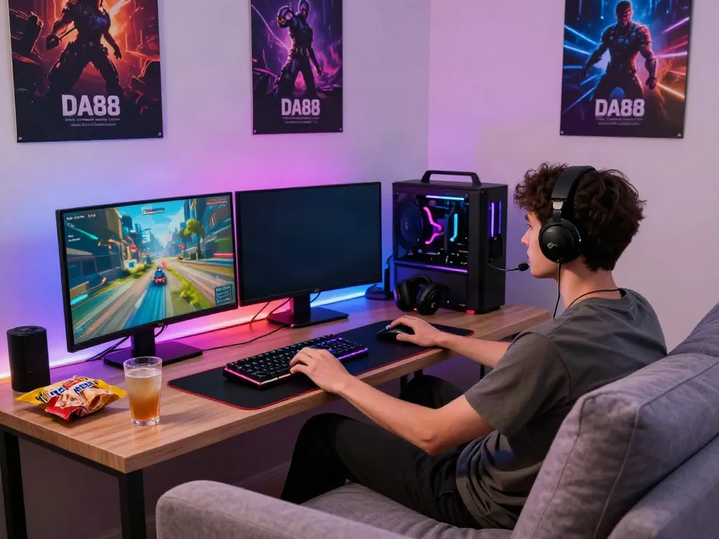 Player enjoying DA88 online gaming in a vibrant home setup with gaming gear.