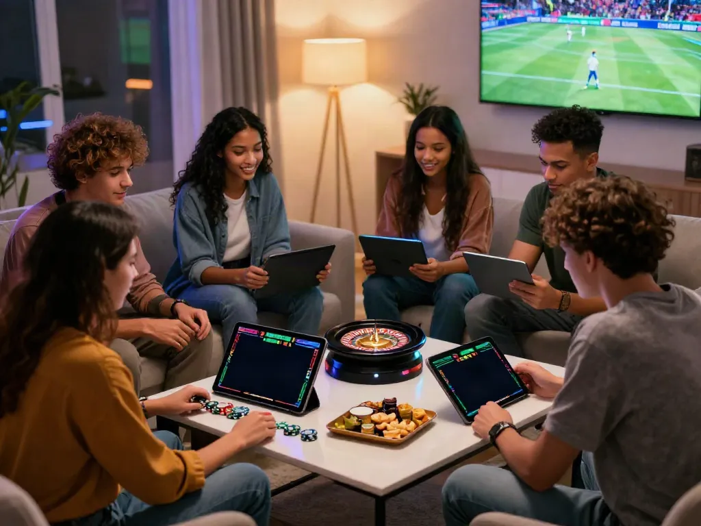 Exciting online betting gathering with friends using https://zbet.cymru/ on tablet and smartphone in a modern living room.