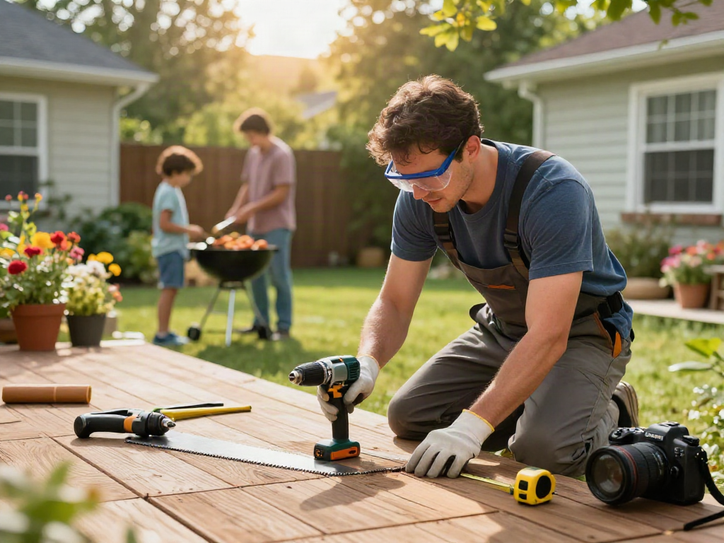 Home repair services Des Moines Iowa with professional contractor repairing a wooden deck, showcasing tools and a sunny backyard atmosphere.