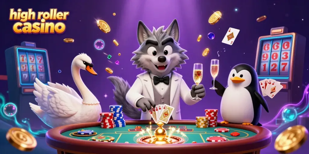 Experience thrilling action at a high roller casino with a captivating wolf, elegant swan dealer, and sophisticated penguin.