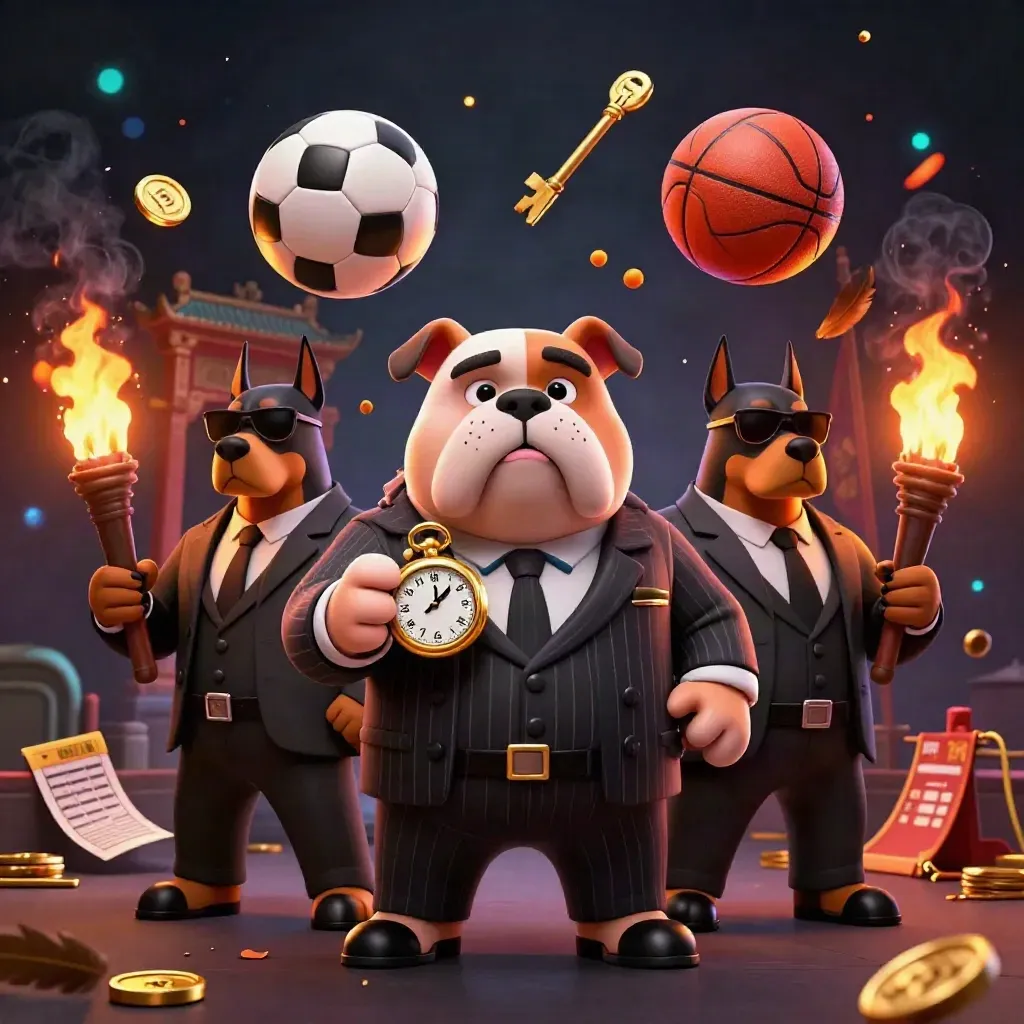 Bulldog boss, two Dobermans, soccer ball and basketball explode in a dark neon casino scene.