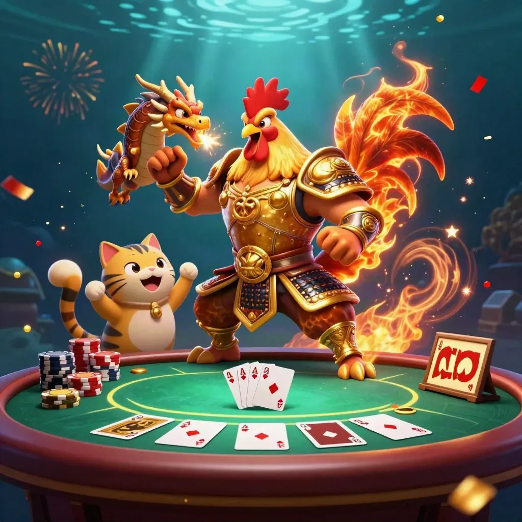 Rooster warrior, dragon hatchling, and fortune-cat over a glowing poker table in a dark neon casino