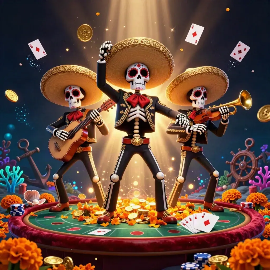 Skeleton mariachi trio in a glowing treasure cove with poker props and gold light.