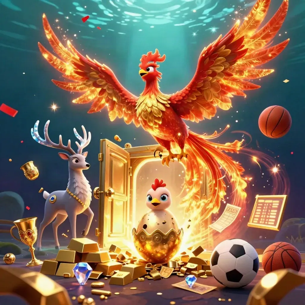 Phoenix, stag, and treasure vault explode in dark navy and gold casino fantasy.