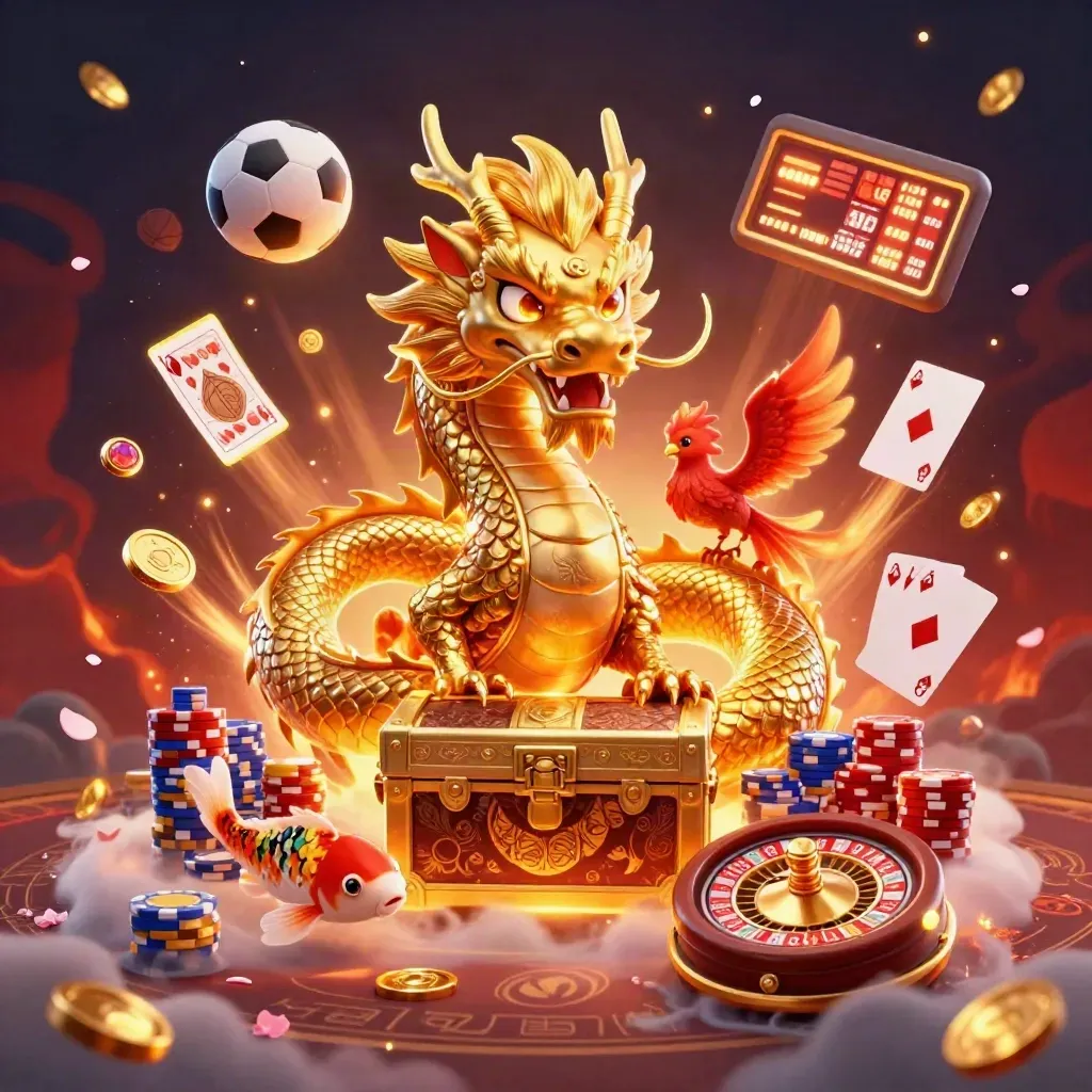 Golden dragon poker fantasy with chips, cards, coins, phoenix, koi and sports balls in neon light