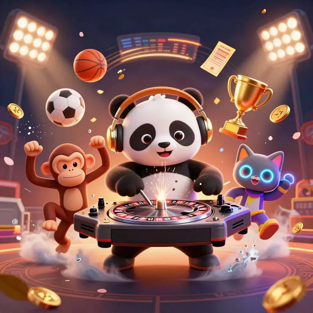 Cartoon panda DJ, monkey and glow-stick kitten amid flying balls, coins and casino lights
