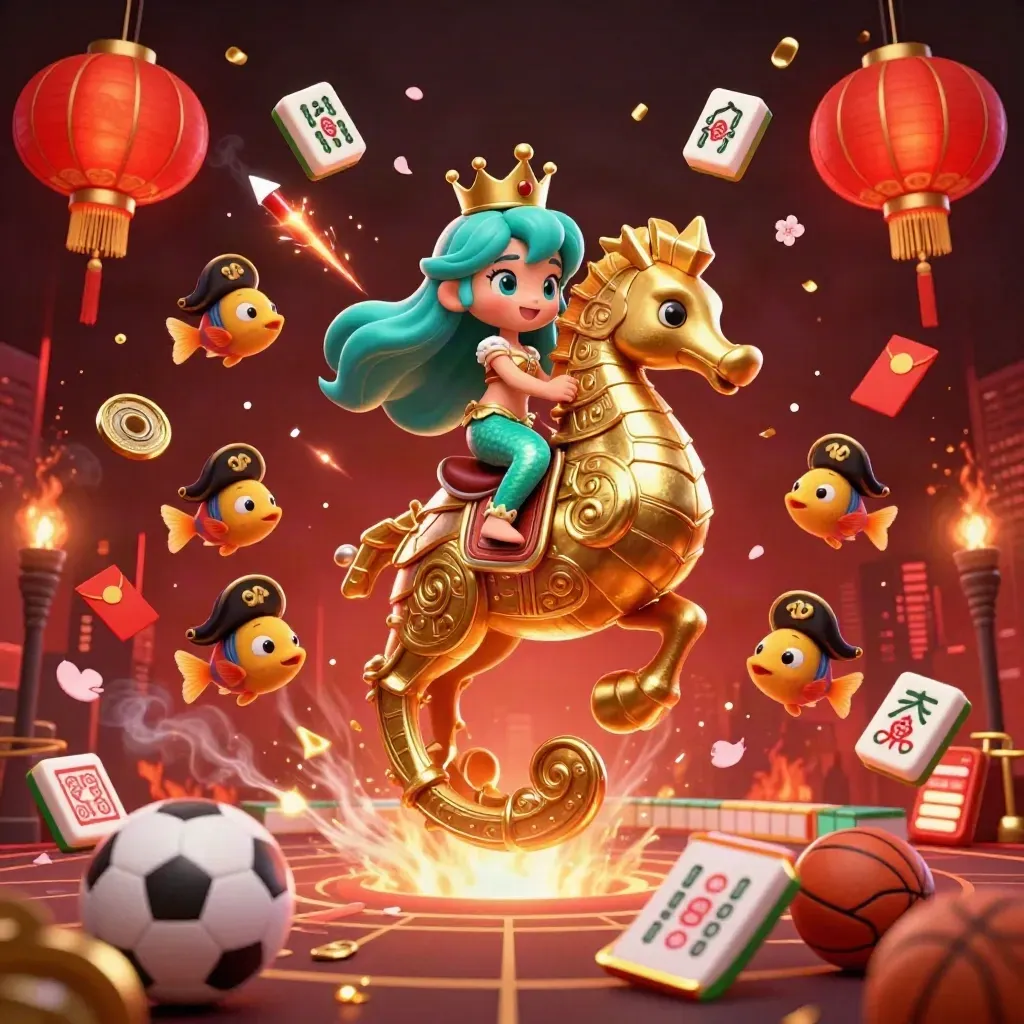 Mermaid princess rides a golden seahorse amid casino luck symbols and glowing red-gold lights.