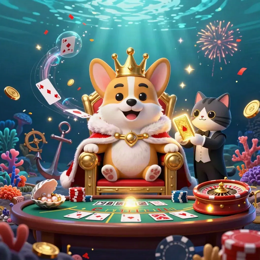 Royal corgi and cat butler amid an underwater casino treasure cove, gold and glowing coral