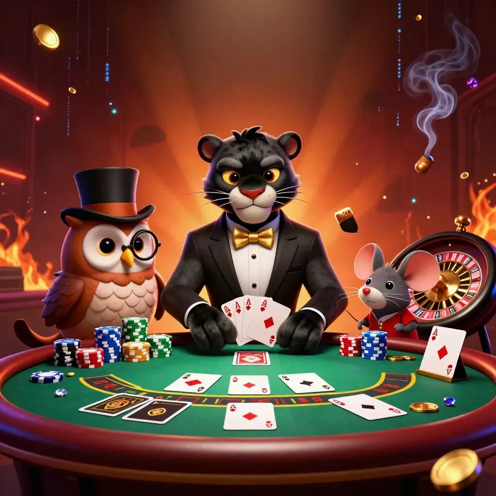 Panther, owl, and mouse in a luxe neon cardroom with chips, cards, and glowing casino light.