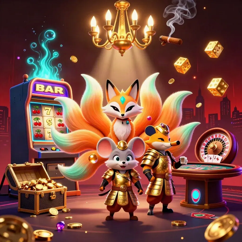 Fox spirit and samurai mouse amid slots, dice, roulette, gold, and neon glow.