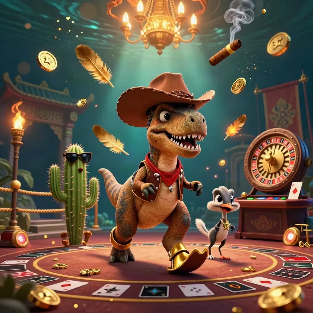 Cowboy T-Rex, cactus, and roadrunner in a luxe casino room with gold glow