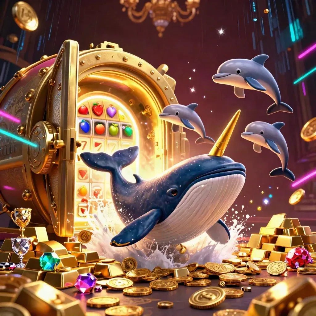 Whale captain, narwhal, and dolphins burst through coins with treasure and gems in a luxe casino glow.