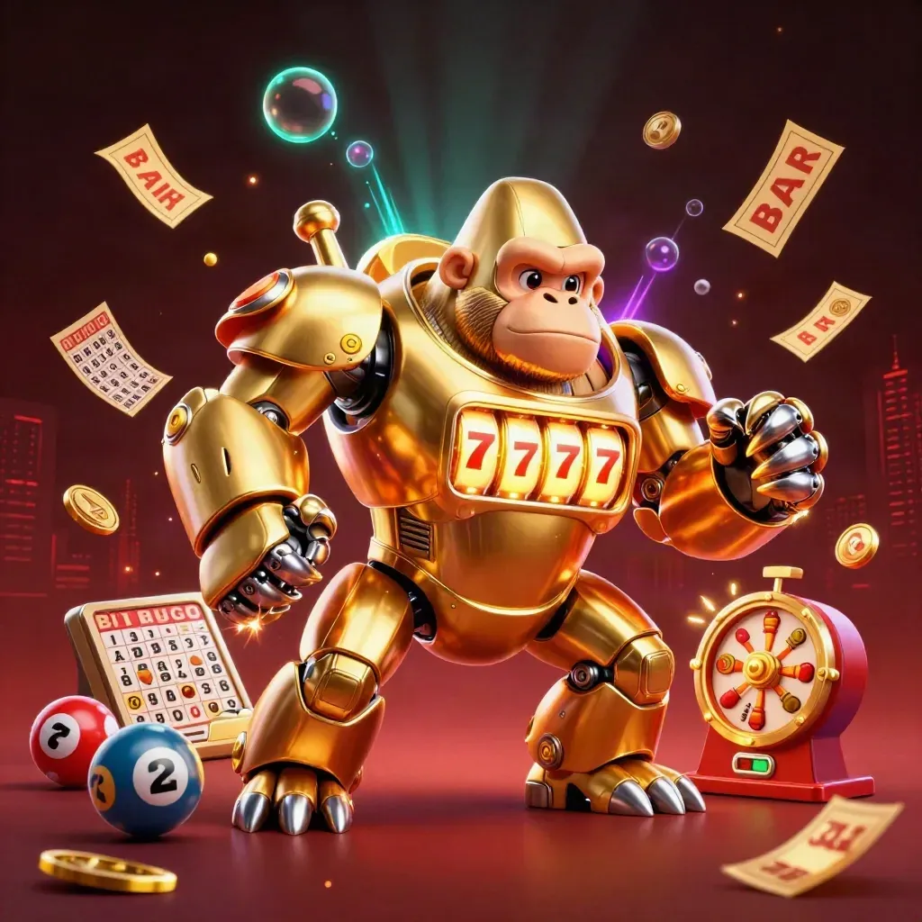 Golden gorilla slot mech with monkey pilot amid jackpot bursts in a dark luxe casino glow