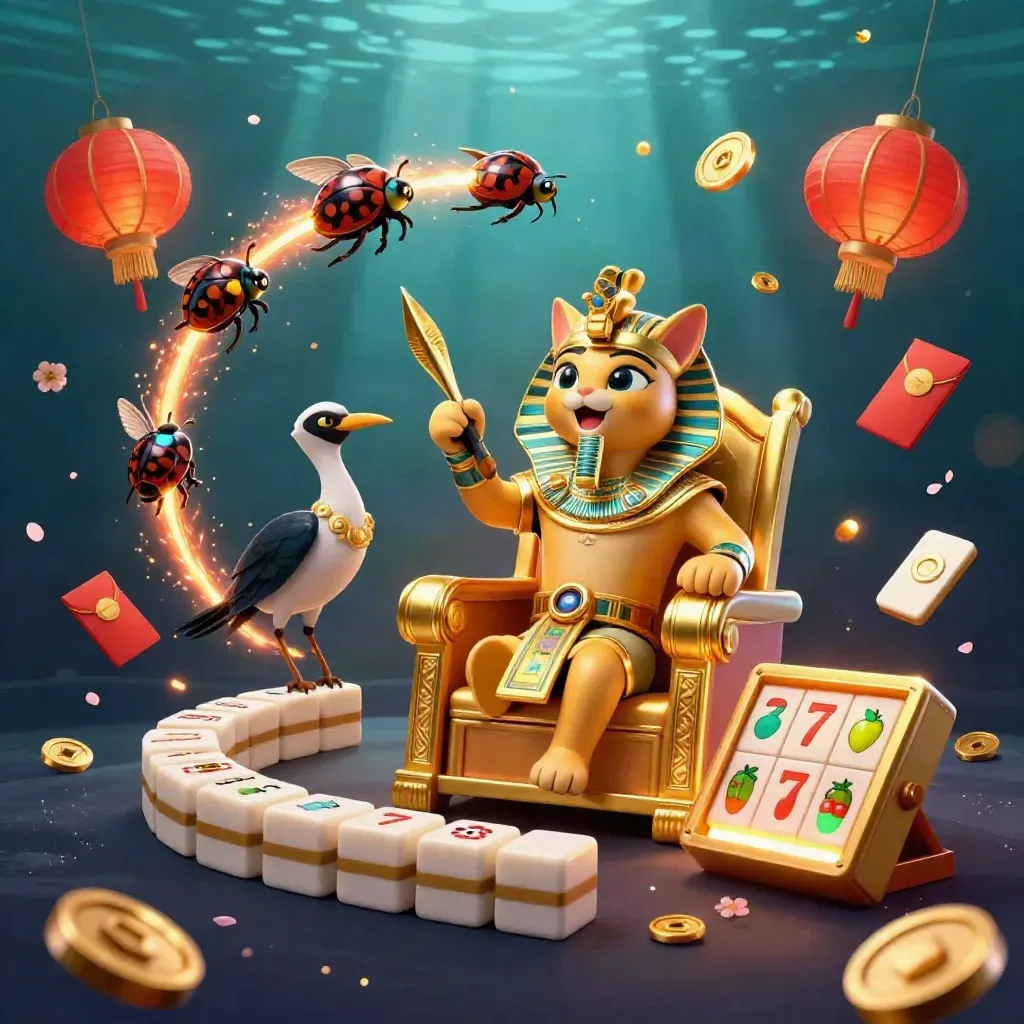 Pharaoh cat, ibis scribe, and gem-wing scarabs amid casino-style bursts and underwater light rays.