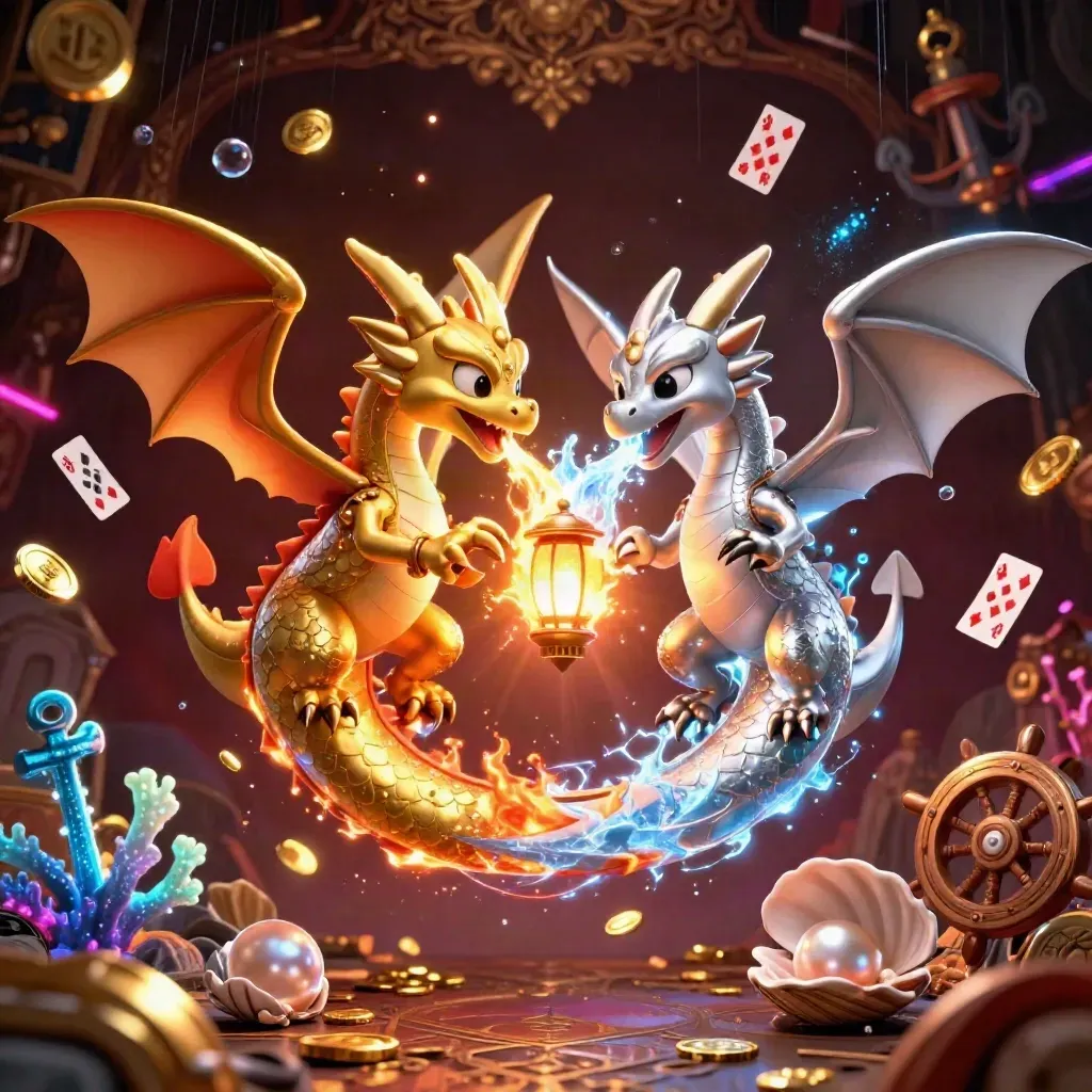 Twin gold and silver dragons spiral in a treasure cove, breath forming a yin-yang amid coins and coral.