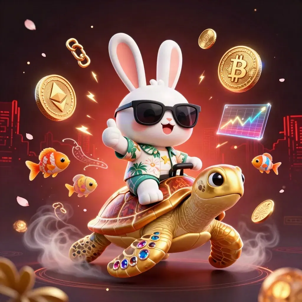 3D lucky rabbit rides a golden sea turtle with gems, coins and neon effects around them