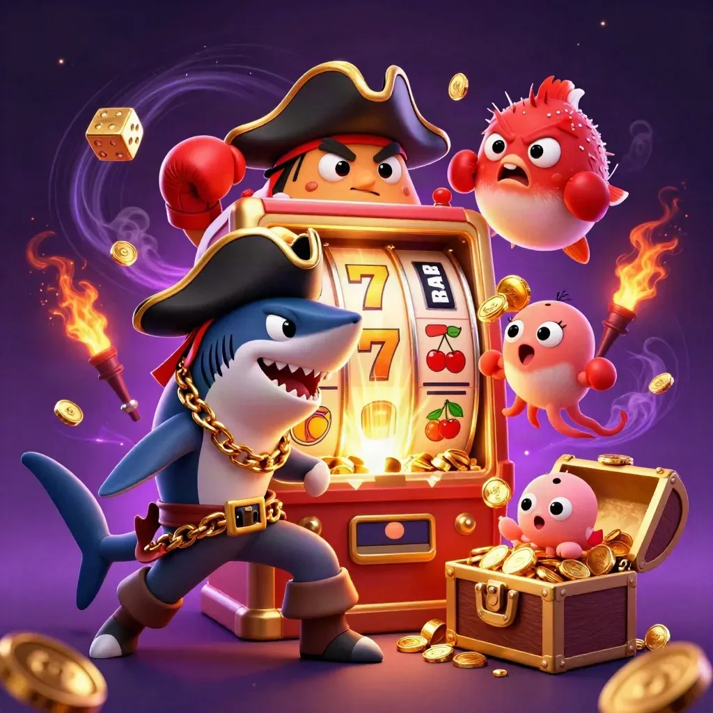 Pirate shark, boxing pufferfish, and coin-juggling octopus explode around a jackpot slot machine.