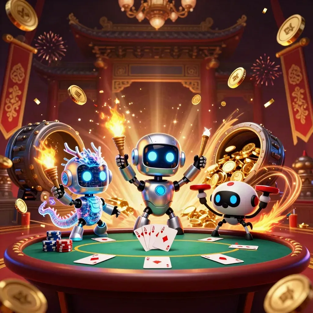 Robot, dragon, and drone celebrate over exploding gold, poker chips, and fireworks.