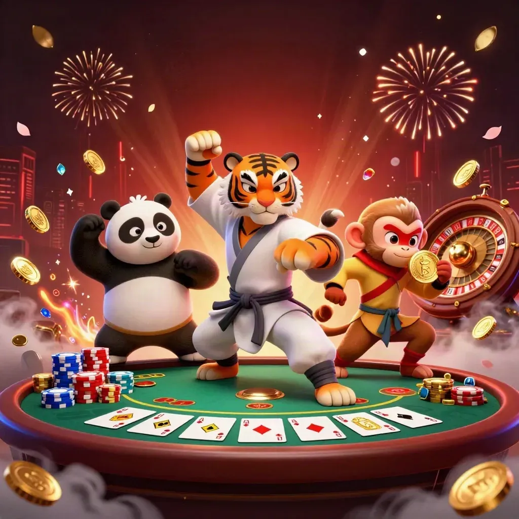 Kung-fu tiger, panda, and monkey amid poker chips, coins, gems, and fireworks in a luxe casino burst