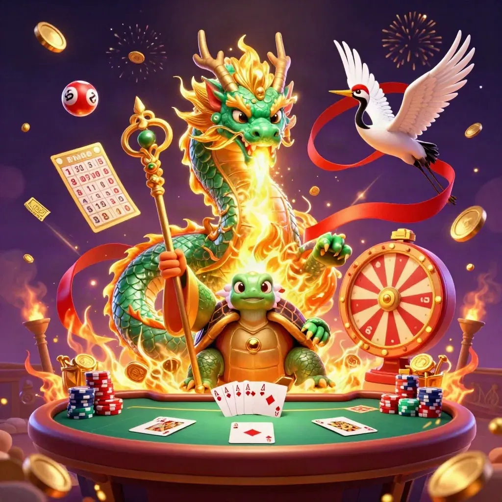 Emerald dragon, turtle sage and cranes amid poker chips, coins, fireworks and casino magic.