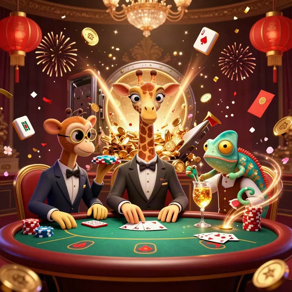 Giraffe high roller, monkey valet, and chameleon bartender amid gold coins, fireworks, and poker chips.