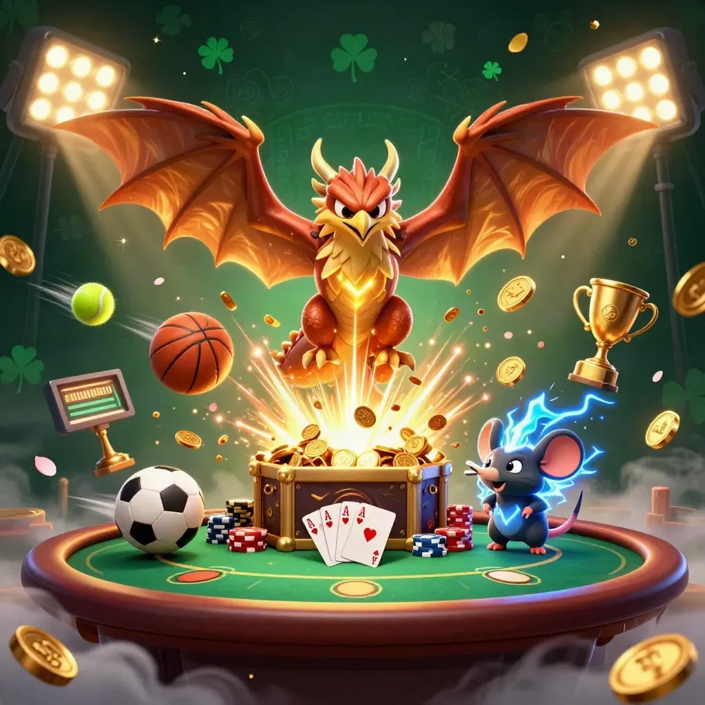 Thunder dragon, hawk, and mouse burst from coins over a luxe poker table