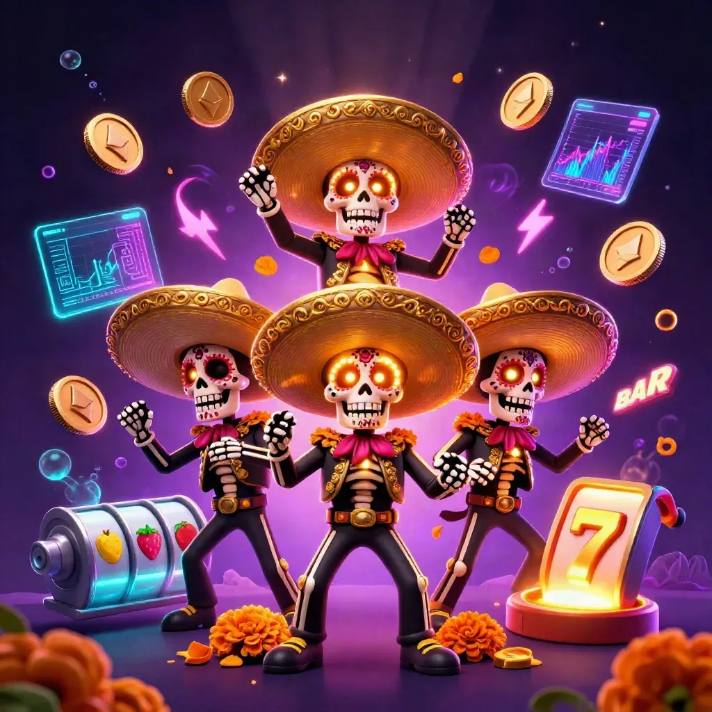 Three mariachi skeletons amid glowing coins, reels, petals, and neon casino magic