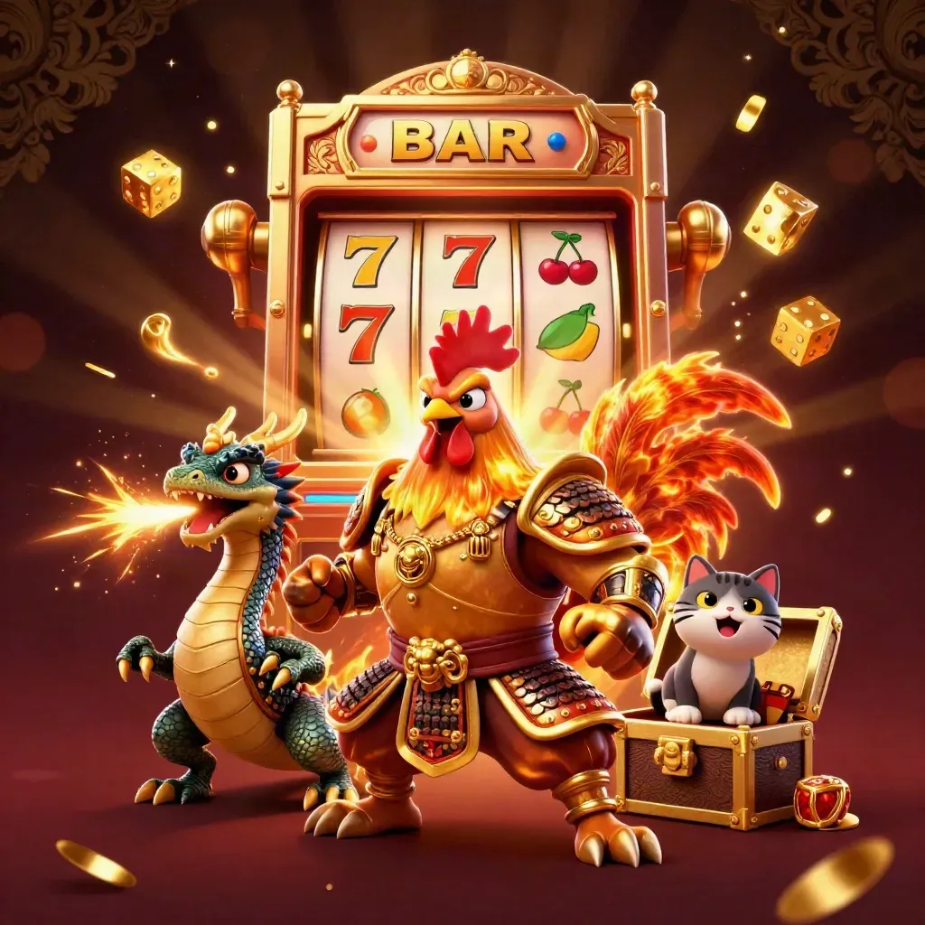 Rooster warrior, dragon hatchling, and fortune-cat amid slot-machine jackpot chaos