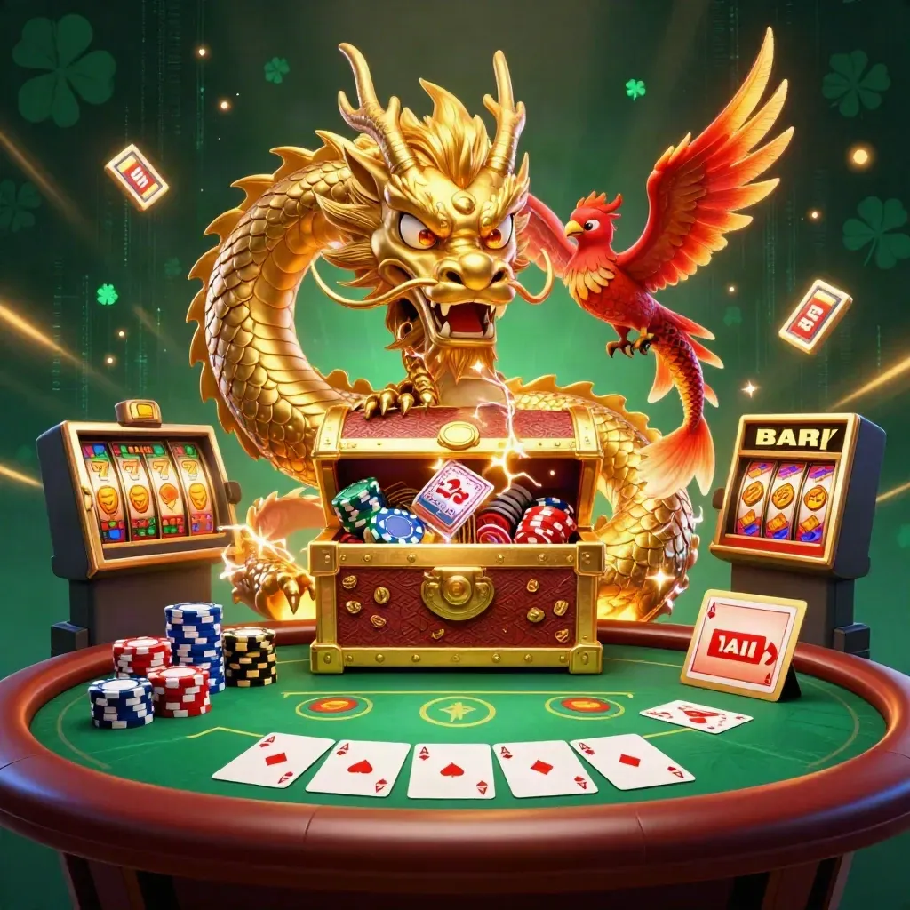 Golden dragon with phoenix and koi amid poker chips, cards, reels and neon casino glow.