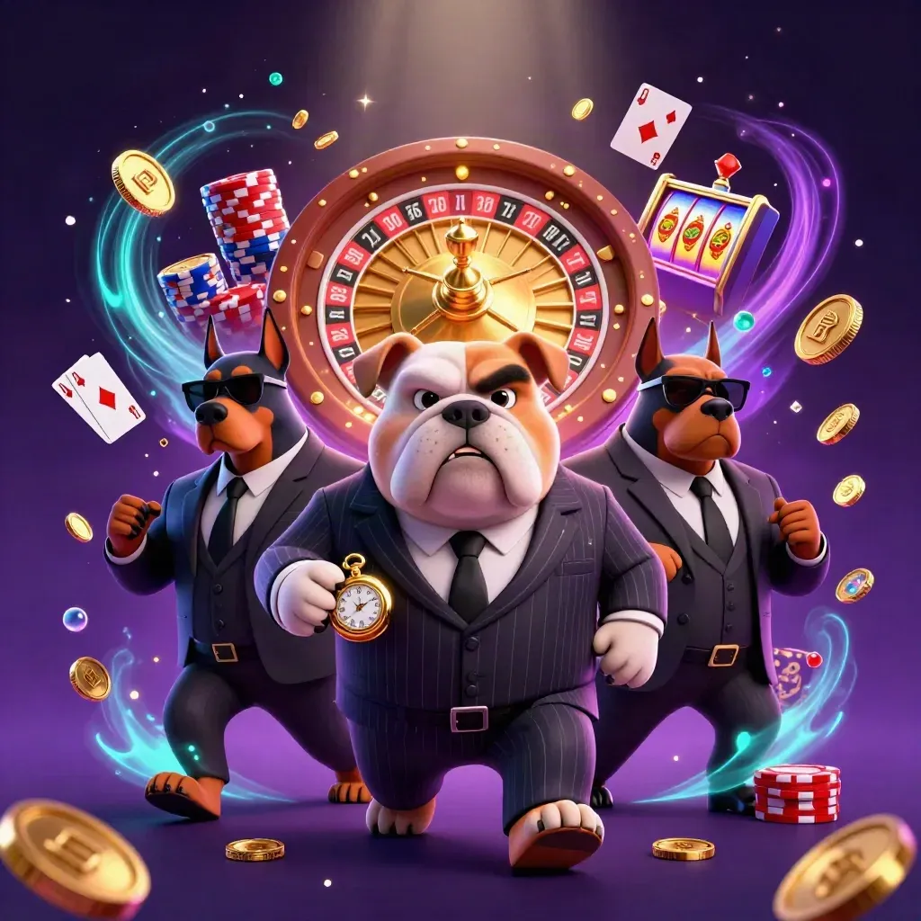 Bulldog mob boss with two Dobermans amid chips, cards, coins, roulette wheel and glowing casino effects