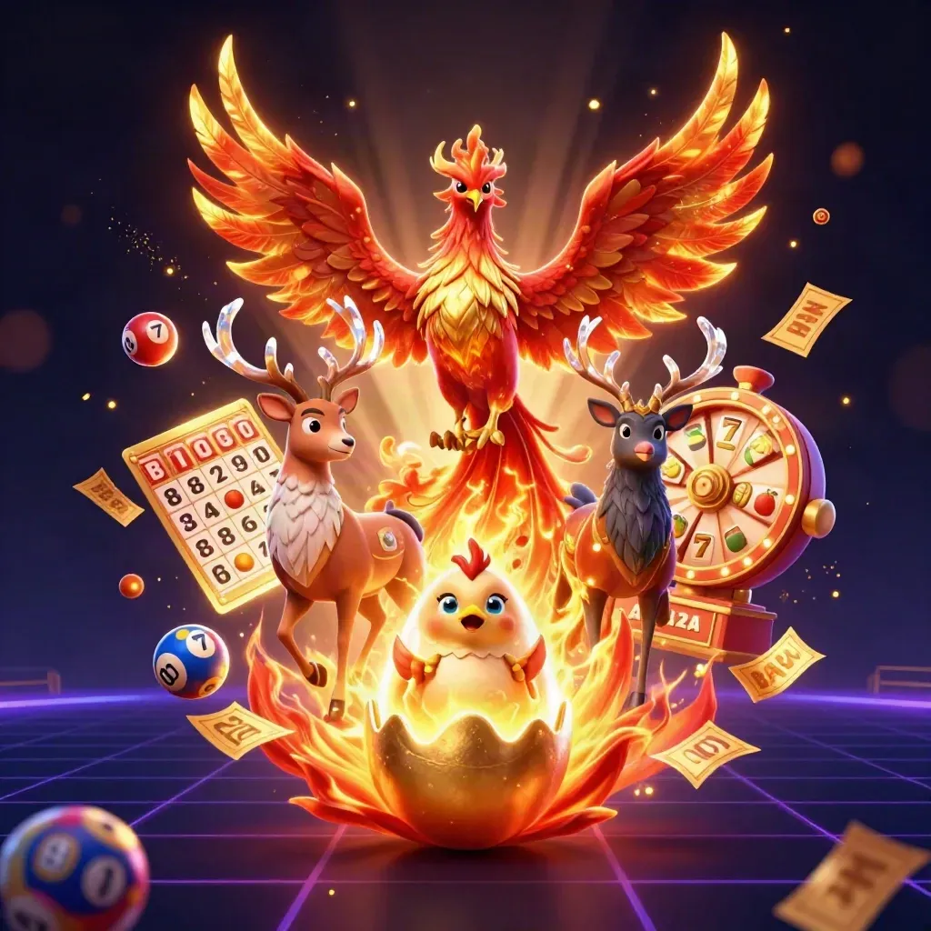 Phoenix, stag, and hatchling amid casino symbols in a dark luxe neon splash.
