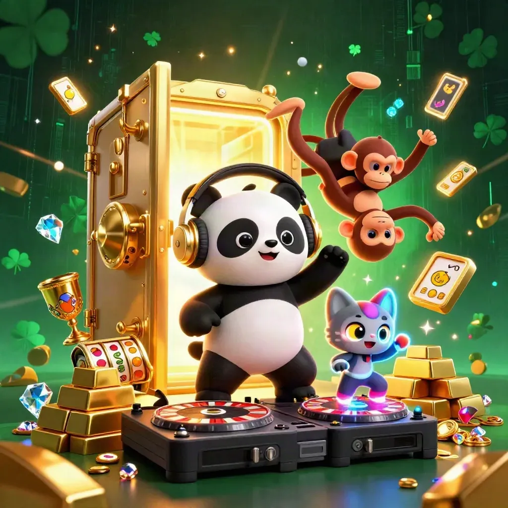 DJ panda, monkey, and glow-stick kitten amid casino treasure and neon effects.