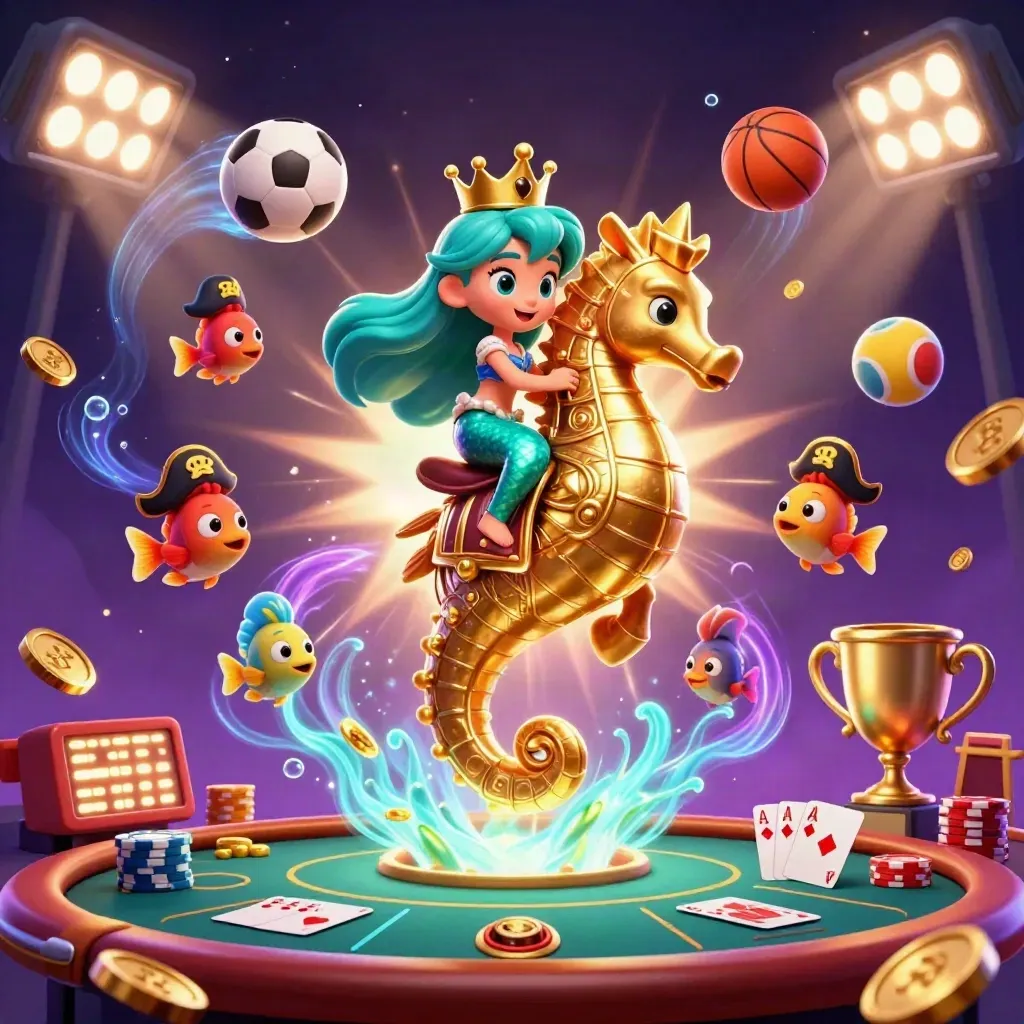 Mermaid princess on a gold seahorse amid poker chips, balls, coins, and glowing casino lights