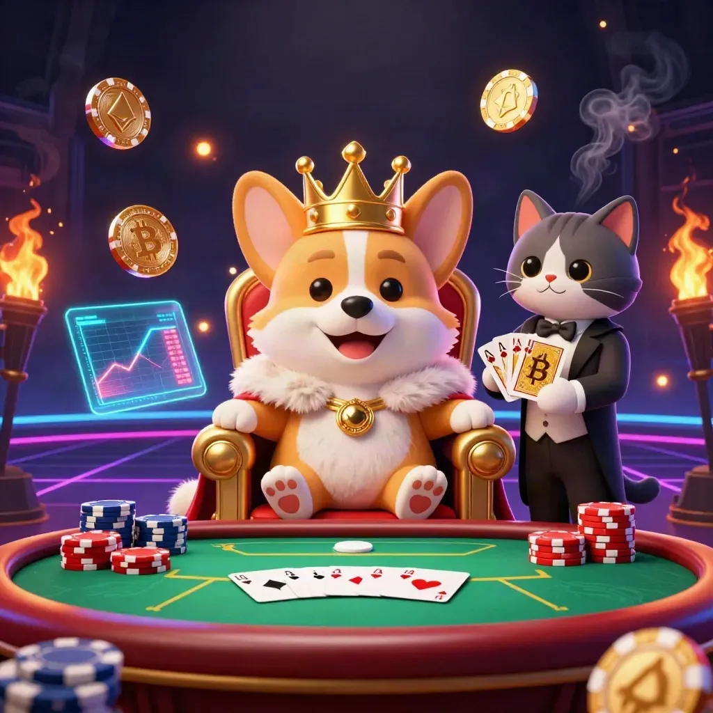 Royal corgi and cat butler amid poker chips, coins, charts, and neon casino effects.