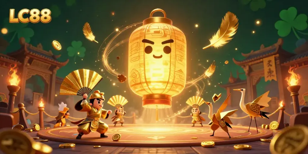 Experience the excitement of LC88 with animated casino spirits and lucky symbols in an enchanting night market.