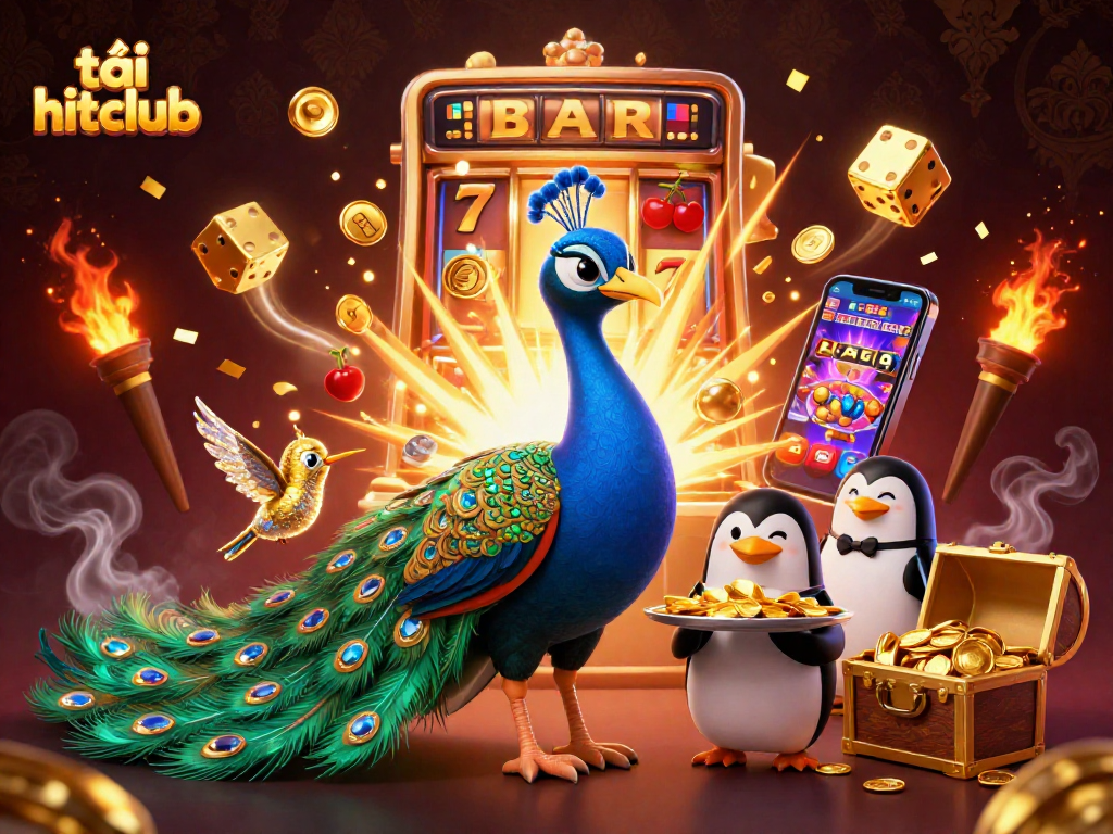 Experience the thrill of tải hitclub with a vibrant illustration of casino excitement and unique characters.