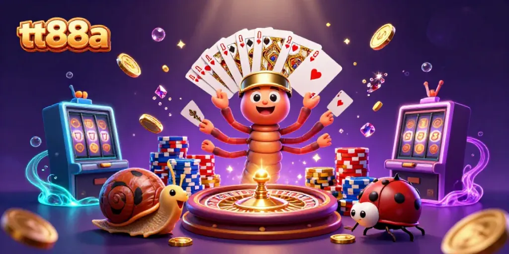 Celebrities in tt88a present a lively casino scene with unique characters and vibrant game elements in the background.