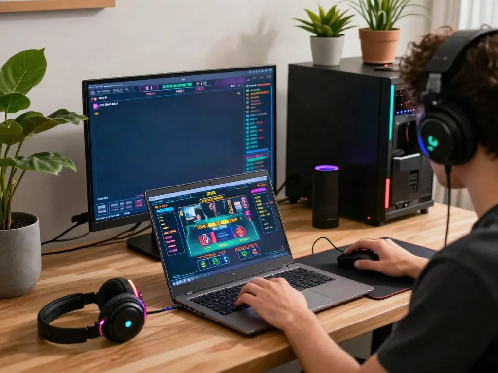 Engaged user playing Nbet live casino game on laptop with vibrant accessories.