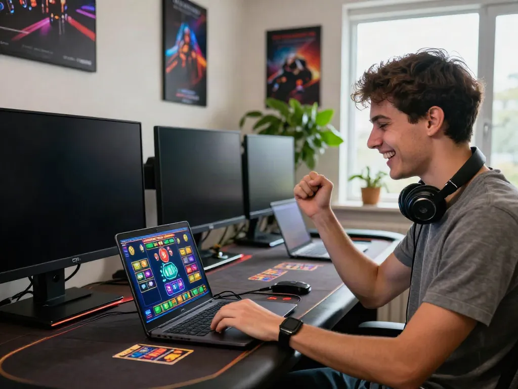 Engaging online gaming experience showcasing excitement with link 78win on a laptop and gaming graphics.