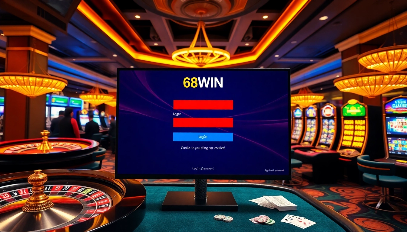 Engaging scene of đăng nhập 68win on a luxurious online gambling interface surrounded by casino elements.