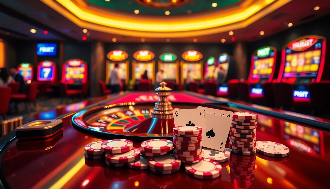 F8BET players enjoying an exciting casino atmosphere with luxurious roulette and poker elements.