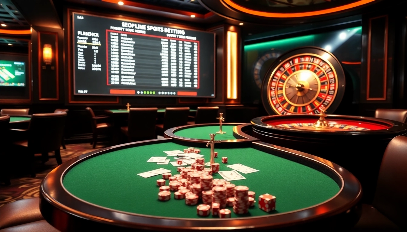 Engaging kèo nhà cái scene featuring modern betting displays, casino chips, and a roulette wheel.