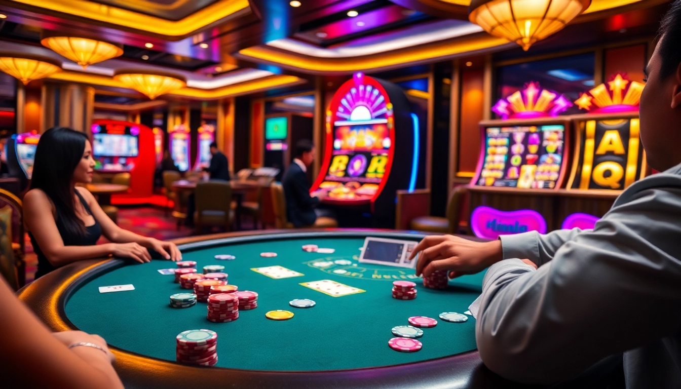 Engaging in thrilling gaming activities like đăng nhập xn88 at a vibrant casino table with poker chips and cards.